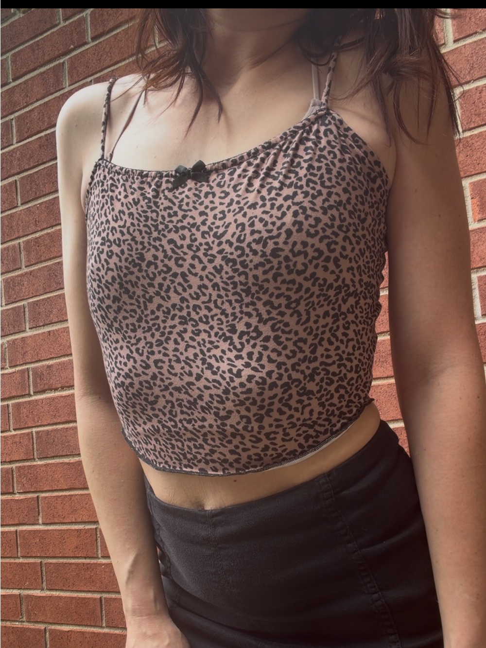 SHEIN Leopard Print Spaghetti Strap Crop Top - Tan & Black